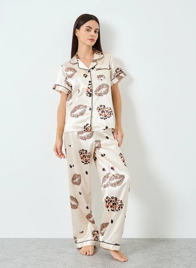 Take Two  Women Satin Graphic Printed Shirt and Pyjama Set for Women | Best Price UAE